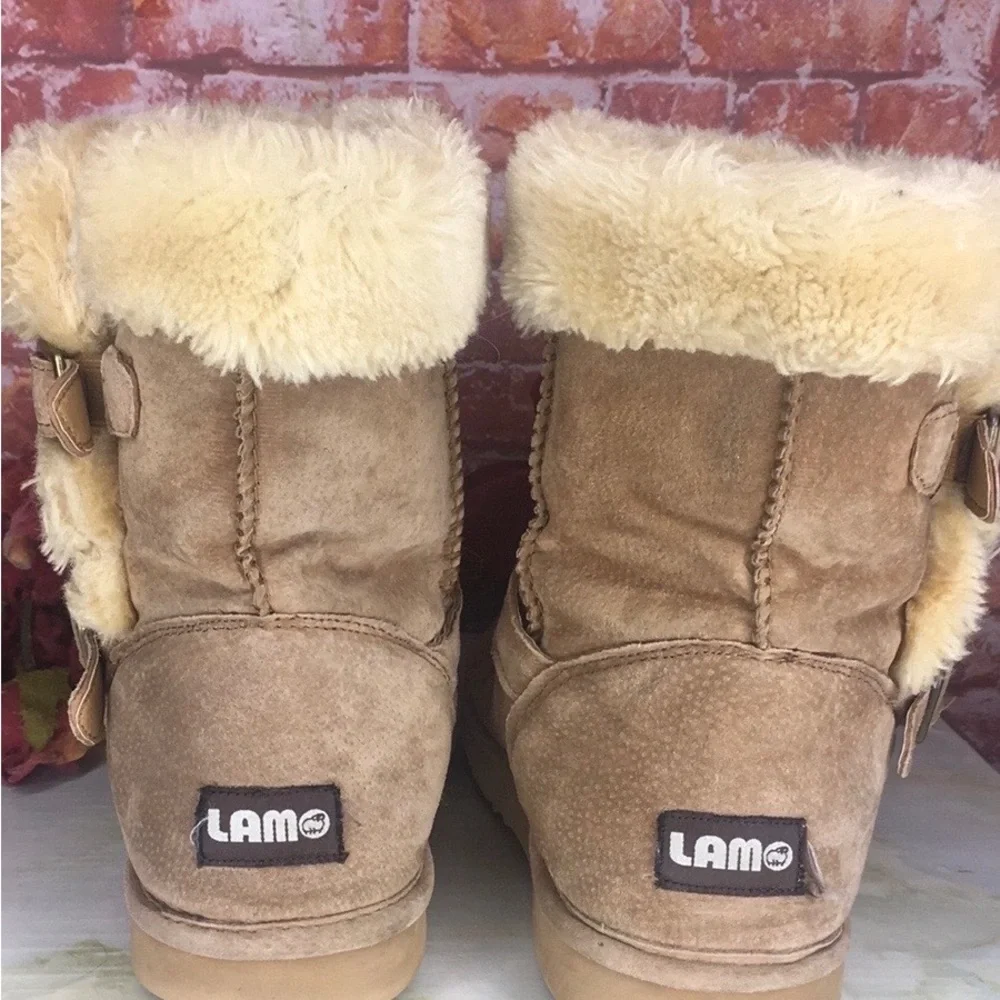 Lamo Tan Suede Water Resistant Shearling Double Buckle Boots